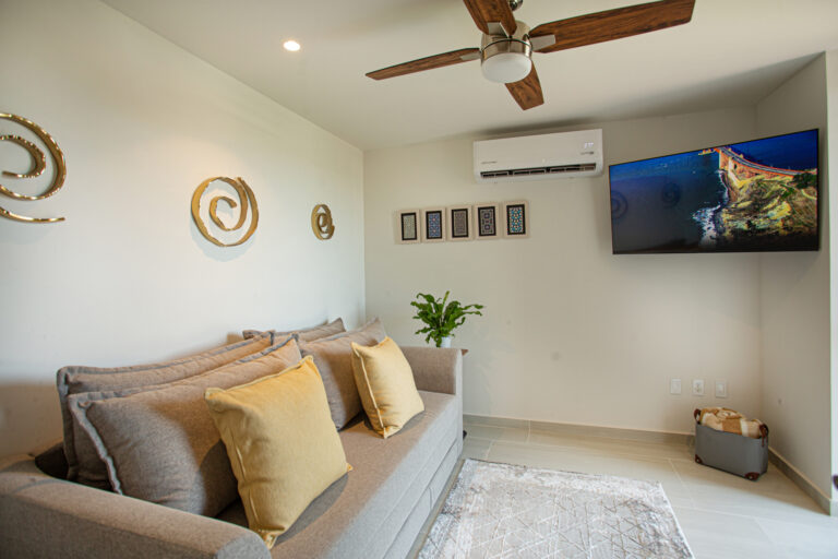Work, stream, or sleep — the study has it all. A dedicated desk with a 32" monitor keeps you productive, a 50" TV with all your favorite streaming options keeps you entertained, and a comfortable sofa bed means guests always have a place to stay.