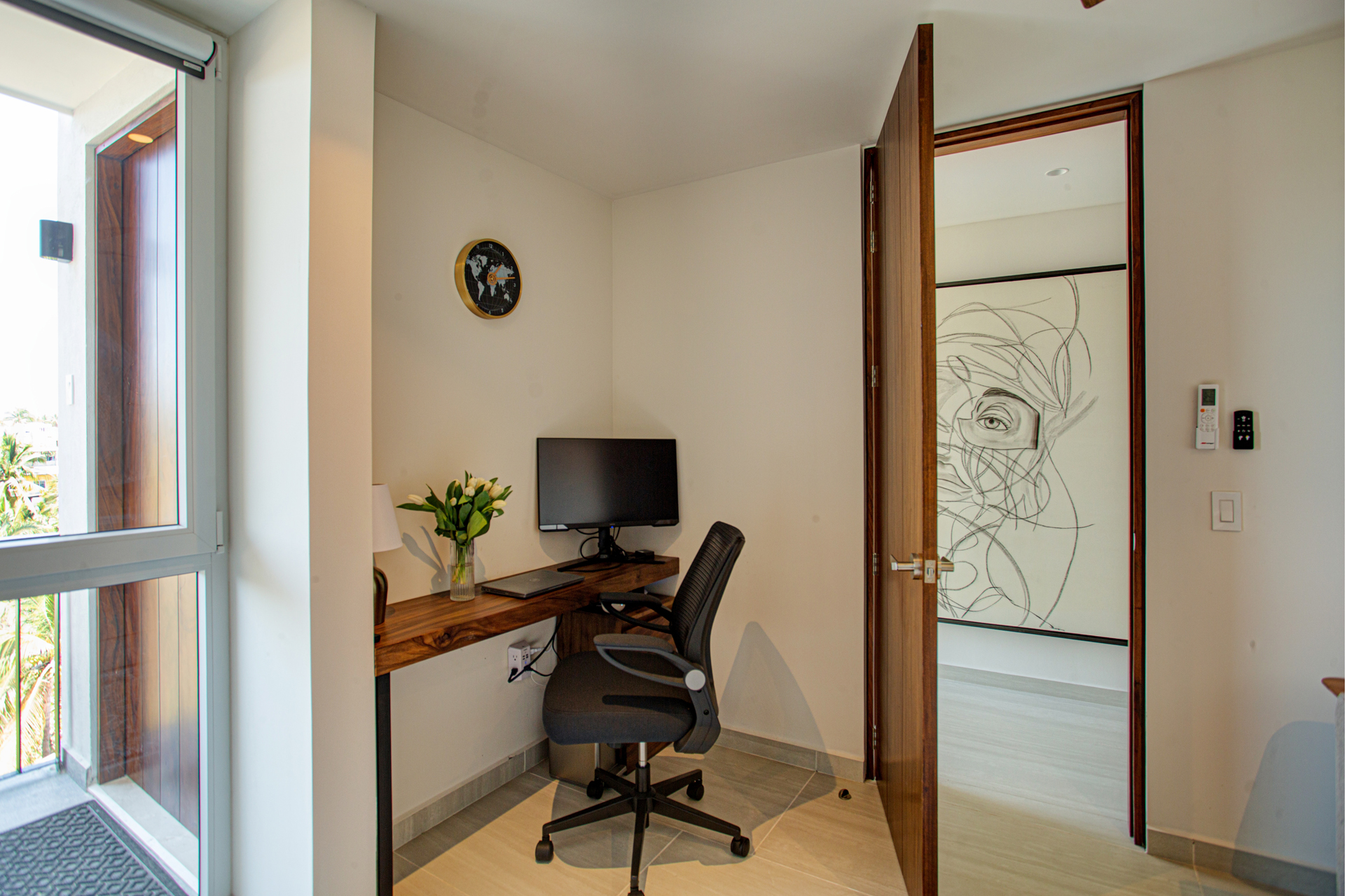 Work from paradise — the study desk comes equipped with a 32" monitor ready for your laptop, keeping you productive without missing a beat.